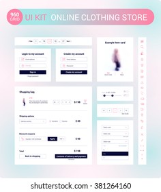 UI Kit for online clothing store: icons set, login form, registration form, dropdown menu, shopping bag, example item card, range of sizes, pagination.