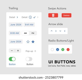 Kit de interface do usuário com modelo para Listas, Botões de interface do usuário, Ícones, tabelas e botões de opção,
