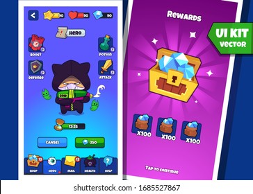 UI kit - vector elements for 2d games. Complete menu of graphical user interface. Cartoon Game. Can be used in mobile or web games.