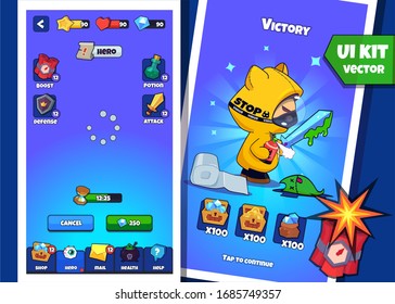 UI kit - vector elements for 2d games. Complete menu of graphical user interface. Cartoon Game. Can be used in mobile or web games.