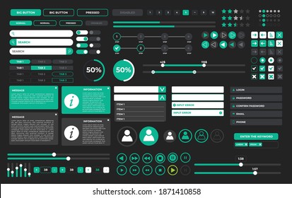 kit de interfaz de usuario para diseño web, conjunto mejorado, aplicaciones móviles con los diferentes botones, gráficos, reproductor, menú, búsqueda, fichas y otros.