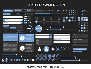 UI kit for web design, enhanced set, mobile apps with the different buttons, graphics, player, menu, search, tabs and other.