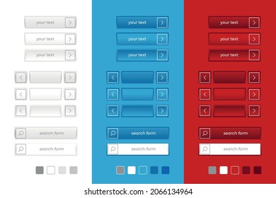 UI kit for web site or application, set of buttons for different functions, three color scheme white, red, blue