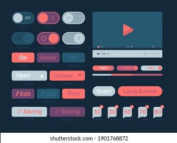 Ui kit. Web themes icon buttons bar menu search line dividers players garish vector template