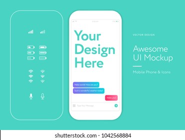UI kit - white mobile phone mockup messenger application mockup - mobile app user interface design - battery, wi-fi, connection, microphone vector icons