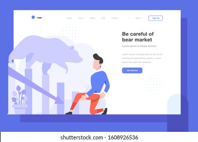 UI Landing Pag business finance man attacked bear profit loss decrease graph chart arrow financial down income  people character flat design style Vector Illustration