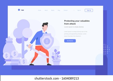 UI Landing Page Vector Illustration Business finance man protection protect money from cyber shielding defending safe internet people character flat design style
