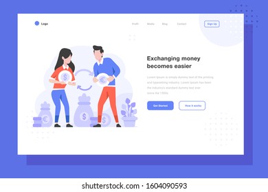 UI Landing Page Vector Illustration business finance man and women exchange money from dollar to euro pound sterling change people character flat design style