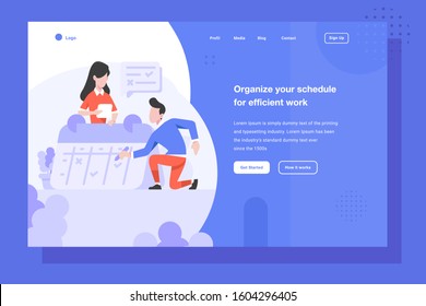 UI Landing Page Vector Illustration Business finance man and women managing schedule management work date calendar people character flat design style