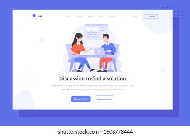 UI Landing Page Vector Illustration Business and finance team discussion of meeting to solve problems strategy idea brainstorming people character flat design style