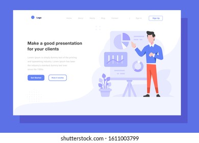 UI Landing Page Vector Illustration Business employer doing presentation graph chart talk discussion teamwork people character flat design style
