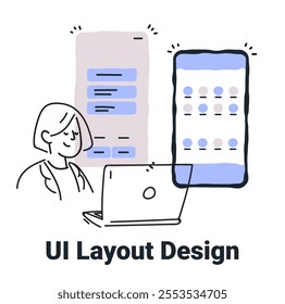 UI Layout Design concept with person working on laptop and app screens in minimalist hand drawn style for web design