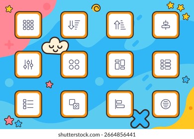 Ícone do conjunto de layouts da interface do usuário. Os ícones de linha apresentam tipos de grade, ordem de classificação, filtros, controles de interface, blocos agrupados, listas, alinhamento e ferramentas de organização para conteúdo digital ou organização de elementos.