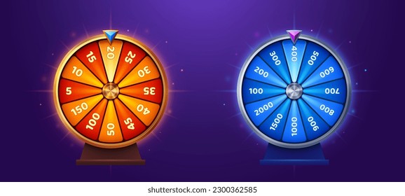 Ui lucky game spin with prize. Casino fortune wheel vector icon design. Win free gift in orange or blue roulette with luck. Turn lottery interface popup clipart collection for online app with bonus