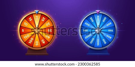 Ui lucky game spin with prize. Casino fortune wheel vector icon design. Win free gift in orange or blue roulette with luck. Turn lottery interface popup clipart collection for online app with bonus