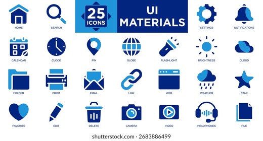 materiais de ui, ui, design, aplicativo, interface, conjunto de ícones de site. Coleção de ícones de tópicos. Ilustração de vetor simples