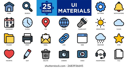 materiais de ui, ui, design, aplicativo, web, conjunto de ícones de interface. Coleção de ícones de tópicos. Ilustração de vetor simples