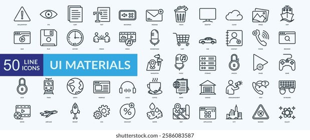 UI materials icon collection set with cloud, media, microphone, browser, music