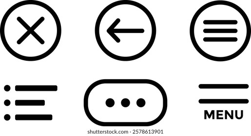 Ui menu icons. Set Hamburger Menu icon. Includes vector buttons for website UI navigation, featuring hamburger or burger line menu icons for 
