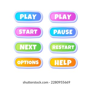 UI menu set for game. Play, start, pause and restart. Interface for options and settings. UX design for mobile apps and programs. Cartoon flat vector illustrations isolated on white background