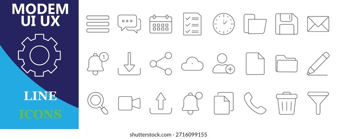 Conjunto Mínimo de Ícones Editáveis de Linha de IU Incluindo Menu, Login, Analítica, Segurança, Pagamento, Bate-papo, Notificação e Ícones de Status do Sistema para Web App, Painel e Design de Interface de Software