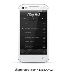 UI Mobile Application Metal Controls Set. White Smartphone 480x800. Audio, Video, Player, Button, Play List, Albums, Artists, Tabs, Icons. Web Design Elements. Software. Vector User Interface EPS10