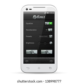 UI Mobile Application Metal Controls Set. White Smartphone 480x800. Audio, Player, Options, Button, Switchers, Drop-Down Box, Select, Icons. Web Design Elements. Software. Vector User Interface EPS10