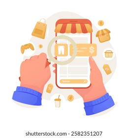 UI mobile screen for product search in online shopping, Hand holding phone and magnifying glass,  Online shopping application, Vector illustration