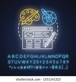 UI neon light concept icon. Software interface development idea. Designing mobile app graphics for user experience. Glowing sign with alphabet, numbers and symbols. Vector isolated illustration