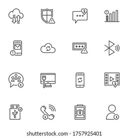 conjunto de iconos de línea de notificación de interfaz de usuario, colección de símbolos de vector de esquema, paquete de pictogramas de estilo lineal. Señales, ilustración del logotipo. Set incluye iconos como nuevo aviso de mensaje, sincronización de datos, carga de batería, wifi