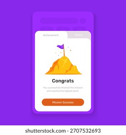 UI onbaording Plantilla de pantalla con la insignia completa de la misión, notificación emergente para la misión del éxito, bandera en el pico de la montaña, diseño del Vector