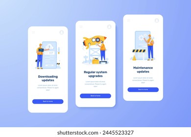 Conjunto de Plantilla de pantalla móvil a bordo de UI de la ilustración de desarrollo de los Actualizar del sistema de mantenimiento