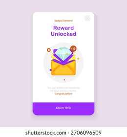 UI onboarding screen with an email envelope opening to reveal bonus diamonds, diamond badge reward for user achievements, vector design