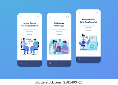 UI onboarding screen with illustration of medical application, Doctor consultation, Keep patient data confidential, Radiology checkup, Vector design