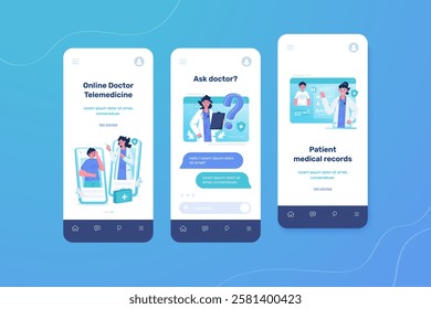 UI onboarding screen with illustration set of online doctor application, Health telemedicine, Ask doctor online, Patient medical record, Vector design