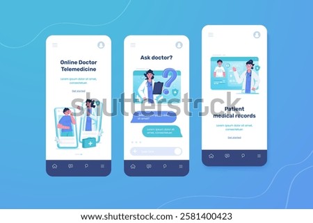 UI onboarding screen with illustration set of online doctor application, Health telemedicine, Ask doctor online, Patient medical record, Vector design