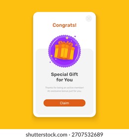 PLANTILLA de pantalla de incorporación de UI con insignia de bonificación de caja de regalo, recompensa especial de membresía, regalo de Suscriptor, diseño de Vector