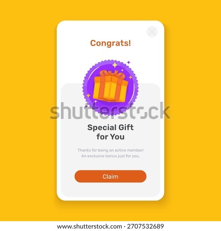UI onboarding screen template with gift box bonus badge, special membership reward, subscriber giveaway, vector design