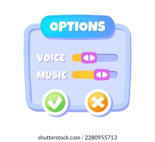 UI options panel for game. Settings in game menu with sound volume sliders. Voice and music regulation. Interface for mobile programs and applications. Cartoon flat vector illustration