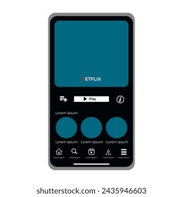 UI phone app screen. Vector icon for Movie. Netflix on smart phone and android (smartphone). Video player. Film movie. UI. UX. User interface user experience. Youtube