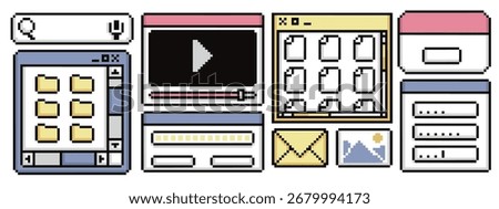 UI pixel frame collection with search bar, video player and folder windows for retro interface design. 8 bit file browser, progress and envelope icon. Image thumbnail for vintage operating system.