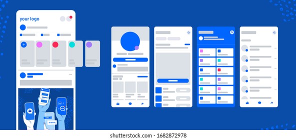 UI Post Frame Inspired By Facebook  Messenger Icon Vector Mobile App Mock Up. Social Network Screens On Mobile Phone With Profile, Dashbord,  Feedback, News, History, Chat, Telegram Notifications. 