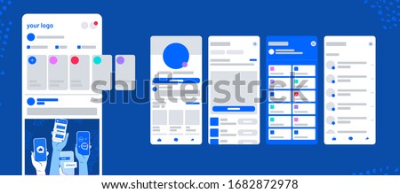 UI post frame inspired by Facebook  messenger icon vector mobile app mock up. Social network screens on mobile phone with profile, dashbord,  feedback, news, history, chat, telegram notifications. 