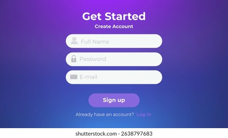 UI register layout. Sign up web form with gradient background. Minimalistic registration screen for desktop