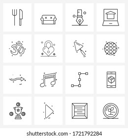 UI Set of 16 Basic Line Icons of Hindu; house; office accessory; home; laptop Vector Illustration