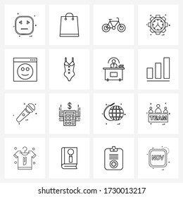 UI Set of 16 Basic Line Icons of browser; setting; bicycle; gear clock; fitness Vector Illustration