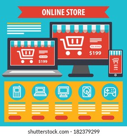 UI is a set of beautiful components featuring the flat design trend of Online store. Vector.