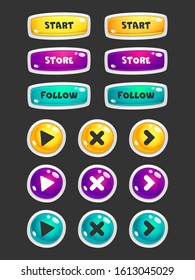 UI set of game navigation buttons in a cute candy style. Arrows, close, hamburger menu, return signs. Simple vector design. 