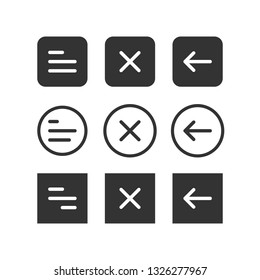 UI set of navigation buttons. Arrows, close, hamburger menu, return signs. Simple vector design. 