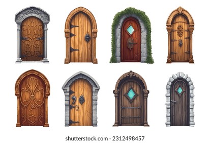 ui set vector illustration wooden door with a tiny round window isolate on white background